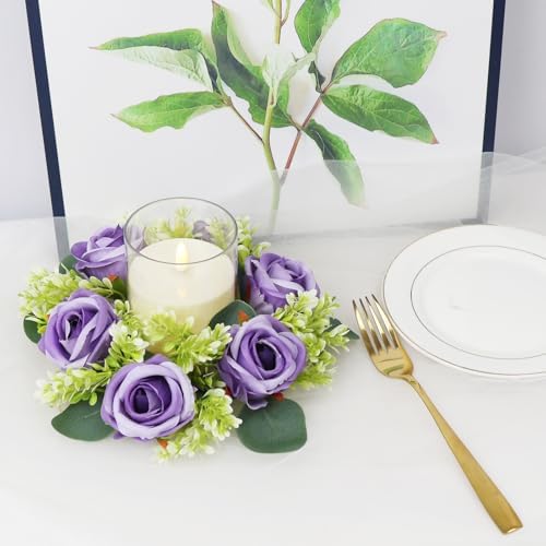 Purple Rose Candle Rings with Flameless Candles Sets - 12PCS Artificial Flower Eucalyptus Wedding Centerpiece 3 Inch Pillar Candleholders Wreaths for Wedding Party Decor (Purple - 6 Sets) - Image 4