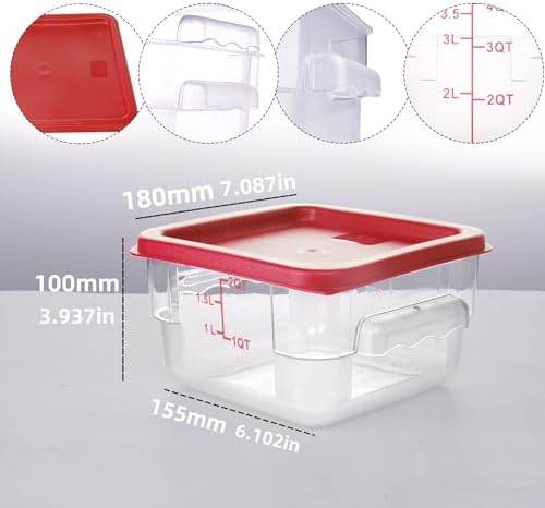 2 Pack RED Square Food Storage Container With Lid,Commercial Storage Box With Scale & Handle,Cake Making,Dough Marinating Meat,Kitchen Supplies (2 Quart) - Image 2