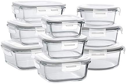 18 Piece Glass Food Storage Containers with Snap Locking Lids for Meal Prep by Bayco