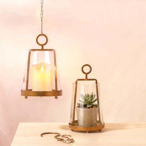 6" & 4" Wide Modern Farmhouse Metal Hurricane Candle Holder with Handmade Sturdy Glass Sleeve in Antique Brass for Pillar Candle & Plants, Glass Hurricane Lantern, Industrial, Minimalistic - Image 6