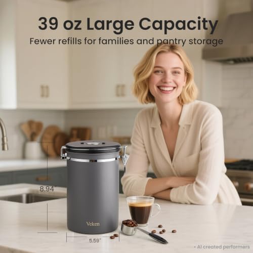 Veken Coffee Canister,39OZ, 2.2lbs,Large Airtight Stainless Steel Container - Image 3