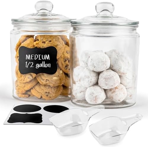 KooK Glass Storage Containers with Lids, 1/2 Gallon, Set of 2, Glass Kitchen Jars, Food & Cookie Storage Containers for Pantry, Bathroom Apothecary Canisters, Dishwasher Safe, Chalk, Label, Scoops by Kook