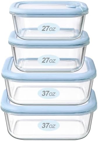 Glass Food Storage Container Set with Silicone Lids, Nestable Meal Prep Glass Bowls with Air Vent, Leakproof Airtight Kitchen Lunch Boxes, Oven, Microwave, Dishwasher Safe, 4 Pack, Square Shape by Eco-Evo