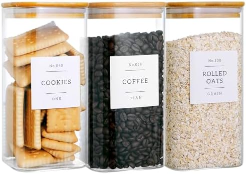 CZZGSM 3 Pack Square Glass Kitchen Storage Jars with Airtight Bamboo Lids and 132 Pantry Labels - 54oz Glass Canisters with Wood Lids - Food Storage for Sugar, Rice, Pasta, Cereal by CZZGSM
