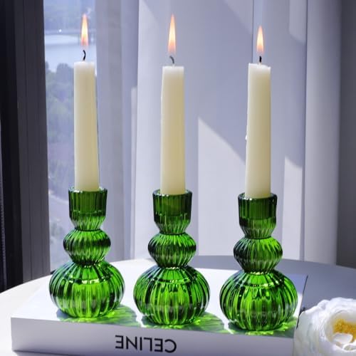 Woho 3pcs Green Taper Candle Holders, Candlestick Holders for Christmas by Woho