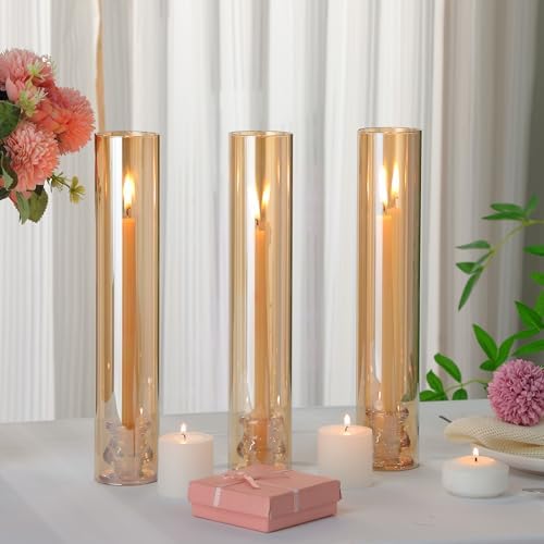 Teenyyou 12 Set Glass Hurricane Candle Holders Candlestick Bulk 12.6",Amber - Image 4