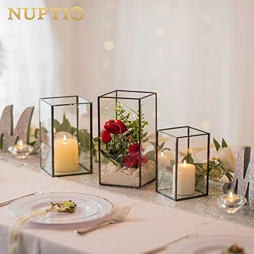 Nuptio Glass Candle Holders Hurricane Holder for Pillar Candles 6 Pcs Black Metal Candle Holders Large Rectangular Candleholder Vase Centerpieces Decoration for Wedding Fireplace 9.5 & 8.1 & 6.5 inch - Image 2