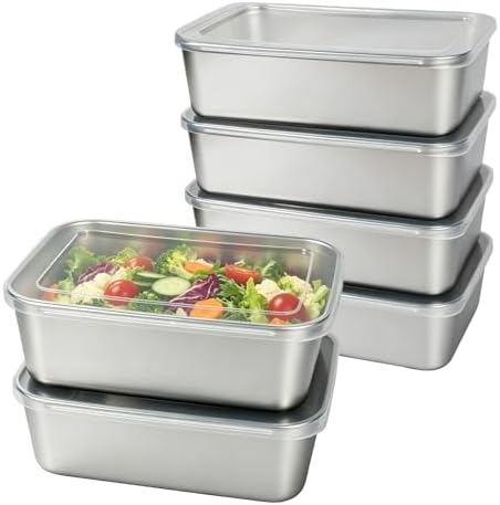 6 Pcs (34oz) Stainless Steel Food Containers with Clear Lids, 7" x 5.1" Stackable Snack Storage Boxes, Deli Meat Keeper for Refrigerator or Picnic, BBQ Party, Office, Gym Lunch by Sanbege