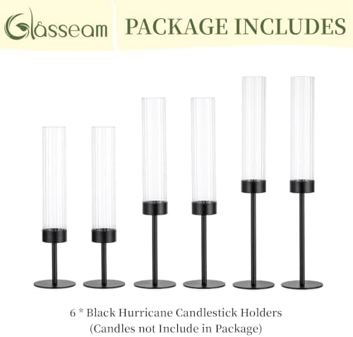 Glasseam Black Candlestick Holders, 6Pcs Fluted Glass Hurricane with Taper - Image 7