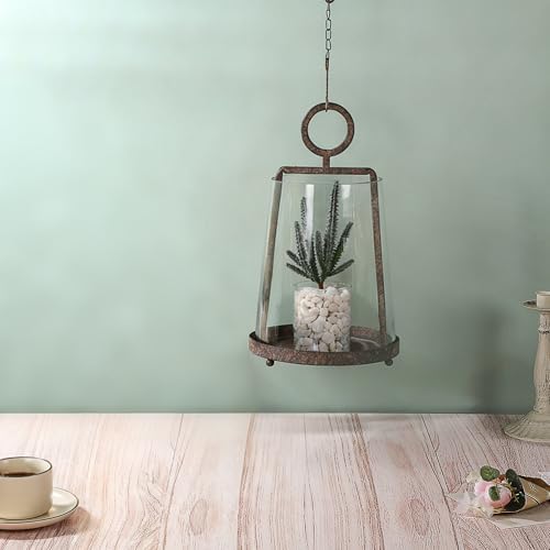9" Modern Farmhouse Metal Hurricane Candle Holder with Handmade Sturdy Glass Sleeve in Rustic Brown for Pillar Candle & Plants, Glass Hurricane Lantern, Industrial, Minimalistic - Image 4