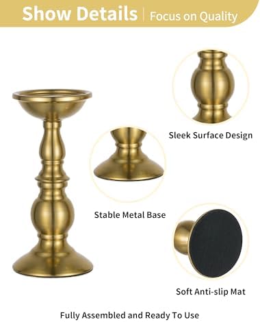 NUPTIO Gold Candle Holder for Table: Tall Brass Stand for 3" Pillars - Image 6