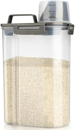 Viretec Rice Airtight Storage Container, 3 to 5Lbs Cereal Dry Food Flour Bin, Pet Dog Cat Food Dispenser with Measuring Cup, BPA Free Clear Plastic Kitchen and Pantry Organization Bin for Sugar by Viretec