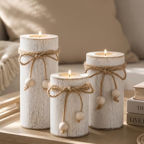 White Wooden Candle Holder with Flameless LED Candles Modern Boho Decor 3p by MelonBoat