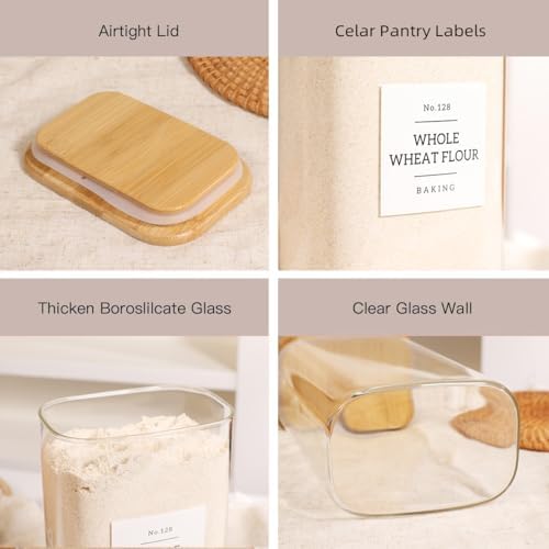 3 Pack Square Glass Pantry Storage Containers with 132 Kitchen Food Pantry Labels - 51 floz Clear Glass Pantry Jars with Airtight Wood Bamboo Lids - Glass Canisters for Candy, Cereal, Coffee, Spice - Image 4