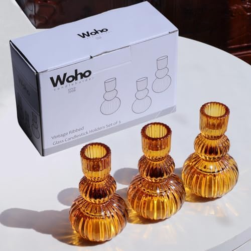 Woho Amber Taper Candle Holders 4.3" H for Halloween/Thanksgiving Decorations, Set of 3 Ribbed Glass Candlestick Holders Vintage for Fall Wedding, Boho Candle Sticks Holder Decor for Dining Table - Image 5