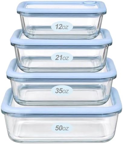 Glass Food Storage Containers with Glass Lids, 4 Pack Meal Prep Container Set with Airtight Silicone Seal & Air Vent, Leakproof Borosilicate Leftover Storage Bowls, Microwave & Dishwasher Safe by Eco-Evo