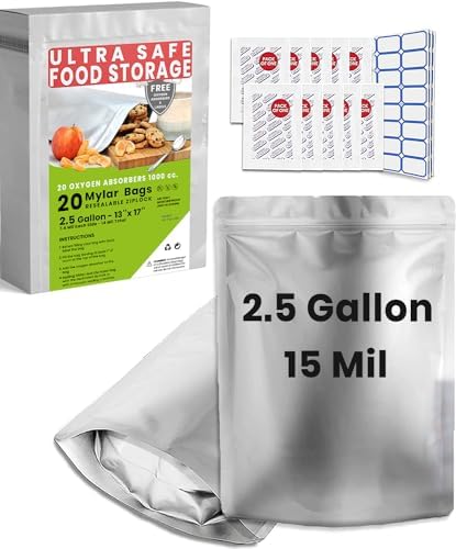 20 Mylar Bags for Food Storage, 2.5 Gallon Capacity, Extra Thick 15 Mil, with 1000cc Oxygen Absorbers, Resealable, Stand-Up Gusset, Ideal for Long-Term Food Storage by RELIABLEMYLARBAGSFORLONGTERMFOODSTORAGE