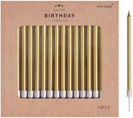 PHD CAKE 36-Count Gold Long Thin Metallic Birthday Candles, Cake Candles, Birthday Parties, Wedding Decorations, Party Candles, Cake Decorations by PHDCAKE