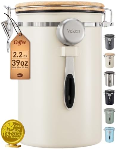 Veken Coffee Canister,39OZ, 2.2lbs,Large Airtight Stainless Steel Container by Veken