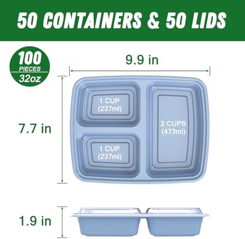 Dealusy 50 Pack 32 oz Meal Prep Containers with Lids 3-Compartment, Blue - Image 2