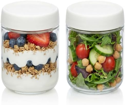 2Pack Overnight Oats Containers with Lids, 16 oz Glass Mason Overnight Oats Jars, Wide Mouth Mason Salad Jars, Airtight Containers for Milk, Cereal, Fruit, Yogurt, Spice Sugar, Salad Dressing by Povinmos