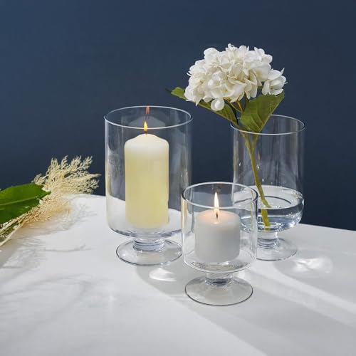 WGVI Clear Glass Pedestal Hurricane Candle Holder, 7.75"W, 13.5"H, Decorative Vase for Pillar Candles, Short Stemmed Candleholder Cylinder, Tabletop Centerpieces, Home Décor, Elegant Design, 1 Piece - Image 7