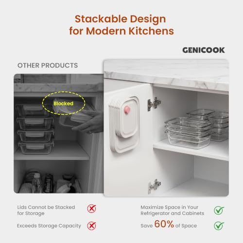 GENICOOK 8 set Glass Food Storage Containers with Click-Together Lids, 143 oz Stackable Meal Prep Set, Modular Glass Storage for Snacks, Sandwiches, Overnight Oats, Leftovers & Fridge Organization - Image 3