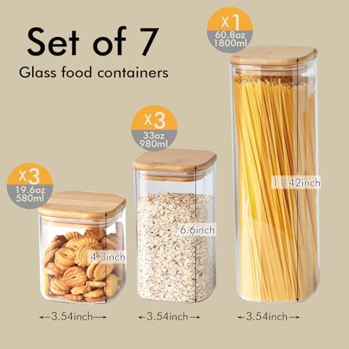 7 Pack Square Glass Storage Containers with Lids, Multi-Size Canisters Sets for the Kitchen & Pantry food storage jar – Ideal for Storing Pasta, Cereal, Flour, Sugar, Nuts, Coffee Beans & More - Image 3