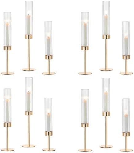 Hewory Gold Hurricane Candle Holders: 12 PCS Tall Taper Candlestick Candle Holders Bulk for Candlesticks Candle Sticks Holder Decor for Table Centerpiece Wedding Party Christmas Decorations by Hewory