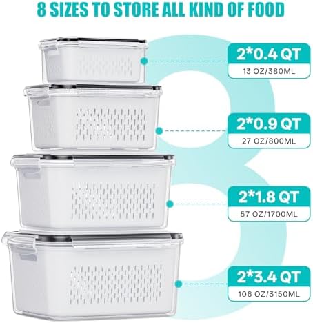 HOMETALL 8 Pack Fruit Storage Containers for Fridge with Strainer, BPA Free Fruit Cleaning Bowl Fridge Organizer, Plastic Fresh Keeper Set Refrigerator Organizer for Salad Berry Produce - Image 3