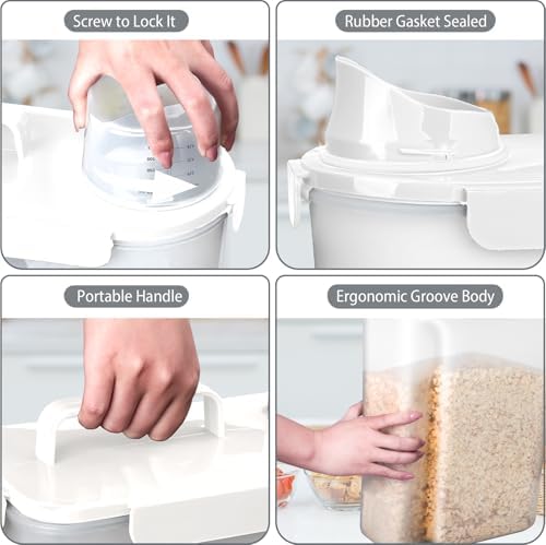 Komzon Rice Storage Containers 20lb, Airtight Cereal Containers Storage, with Pouring Spout Portable Handle for Flour, Pasta, Grain and Baking, Pet Dog Cat Bird Food Container White - Image 5