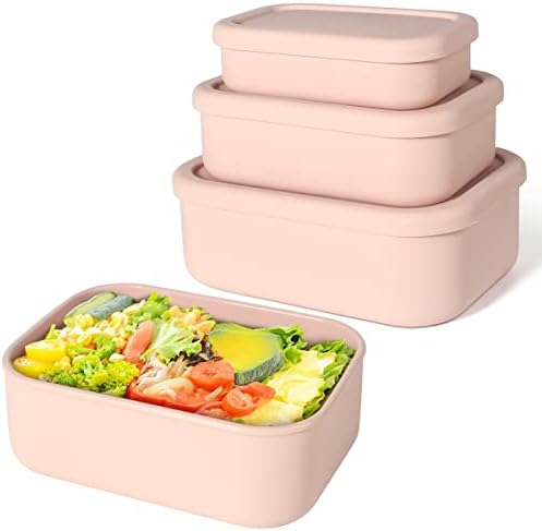Silicone Food Storage Containers, Set of 3 Hard-Shell Bento Lunch Boxes by Keweis