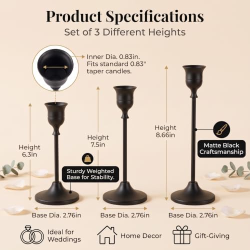 12 Pcs Black Candlestick Holders, Vintage Metal Candle Holders Taper Candle Stands, Tall Black Brass Tapered Candle Holder for Wedding Tables Centerpieces Decor - Image 3