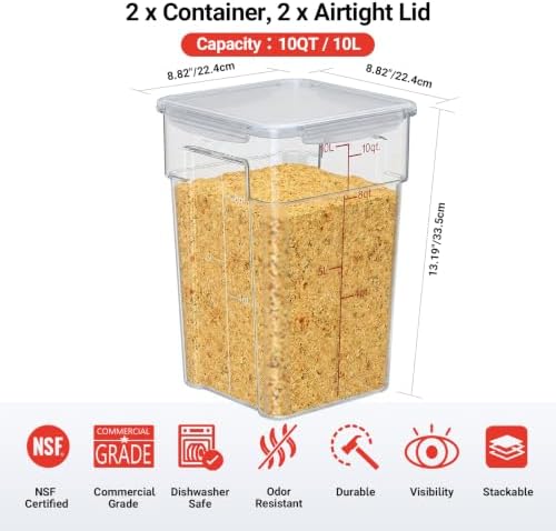 2 Pack 10 QT Commercial AIrtight Food Storage Containers, Clear Storage Containers with Recessed Handles, Clear, Stackable Containers with Gold Scale Markings for Flour, Rice, Sugar and Pet Food - Image 2