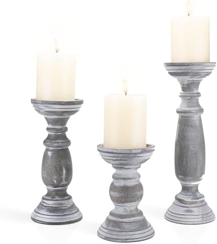 BANOMII Rustic Wooden Pillar Candle Holders Set of 3, 12'' 9'' 6'' Farmhouse Wood Candle Stand for Table Centerpieces, Vintage Tall Candleholders Fireplace Mantel Decor for Living Room, Grey by BanomiiHome