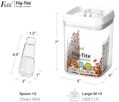 Felli Flip Tite Storage Container with Built-In Spoon & Airtight Lid 5” Large-M Ring Flip Top, Stackable Acrylic Canister for Sugar Flour Powder, Kitchen Pantry Organizer (1.8qt), 2 spoons - Image 5