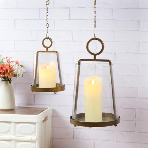 9" & 6" Wide Modern Farmhouse Metal Hurricane Candle Holder with Handmade Sturdy Glass Sleeve in VintageBrass for Pillar Candle & Plants, Glass Hurricane Lantern, Industrial, Minimalistic - Image 5