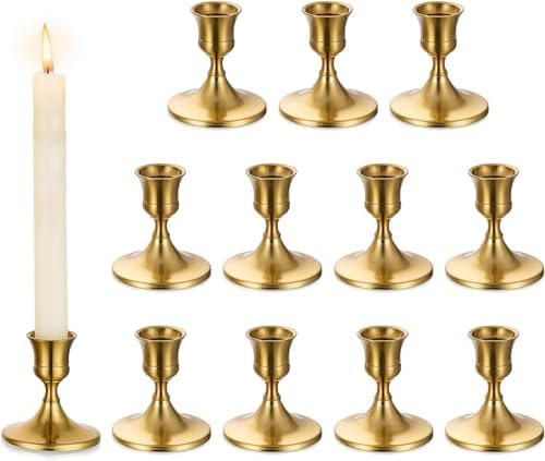 Romadedi Gold Candlestick Candle Holders for Taper, 12 PCS Gold Brass Color Candle Stick Candle Holder for Table Centerpiece, Wedding Reception, Festive Christmas Mantel Decoration or Home Decor by ROMADEDI