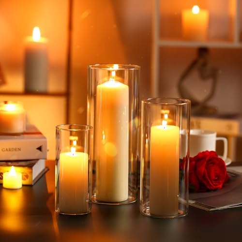 PHOSPHOR Hurricane Candle HoldersFor Pillar Candle Clear Glass Cylinder Centerpieces Vases Table Decoration Centerpiece Floral Room Decor Clear Seeded Bubbles Living Dining 3 Pieces - Image 4