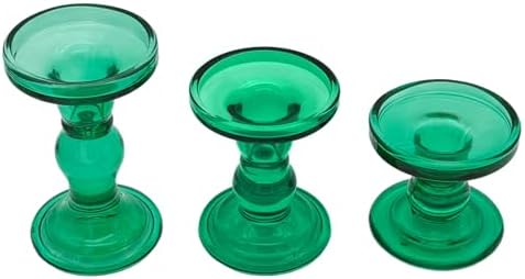 Green Glass Candle Holders Set of 3 Clear Candlestick Holders Vintage Candle Stands for Pillar Taper Candle Tealight Home Decor Table Centerpieces Christmas, Candleholder Sets with 4 Pcs Taper Candles - Image 7