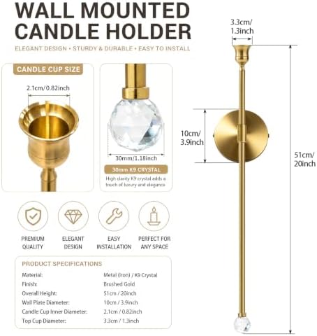 20" Long Wall Mounted Candle Sconce, Metal Wall Hanging Taper Candle Holder with Crystal Ball Accent, Retro Chic Wall Decor for Bedroom Dining Room Living Room Fireplace Bathroom (4, Copper Gold) - Image 2