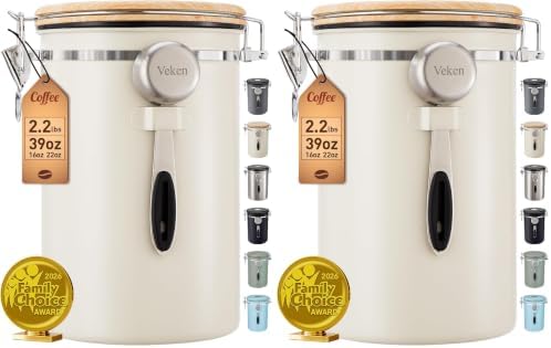 Veken Coffee Canister,39OZ, 2.2lbs,Large Airtight Stainless Steel Container Kitchen Food Storage Jars for Beans,Ground, Espresso, Rice,Tea, Sugar, Cereal, Gifts, Date Tracker, Scoop, Cream (Pack of 2) by Veken