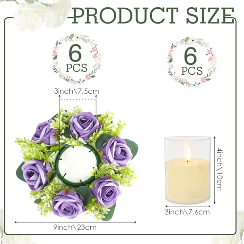 Purple Rose Candle Rings with Flameless Candles Sets - 12PCS Artificial Flower Eucalyptus Wedding Centerpiece 3 Inch Pillar Candleholders Wreaths for Wedding Party Decor (Purple - 6 Sets) - Image 2
