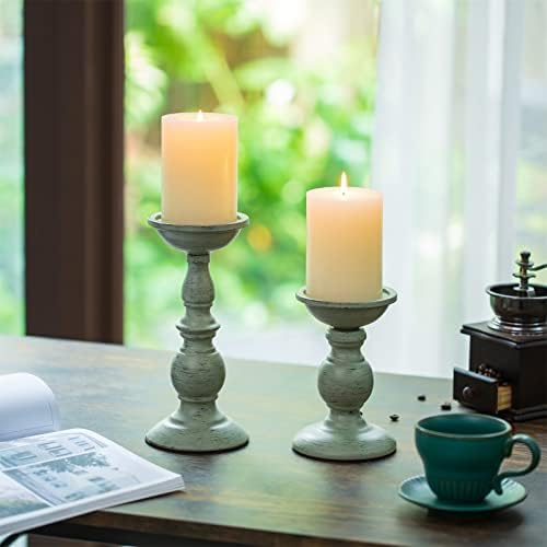 Sziqiqi Pillar Candles Holders for Table Centerpiece, Set of 2, Sage Green - Image 2
