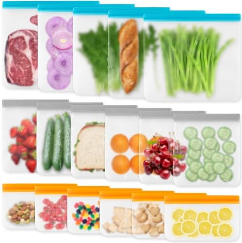 17 Pack Reusable Freezer Bags Dishwasher Safe, Leakproof Food Storage Bags, Silicone Bags for Food Storage Home Organization (6 Reusable Snack Bags 6 Sandwich Bags 5 Gallon Freezer Bags) by Unknown