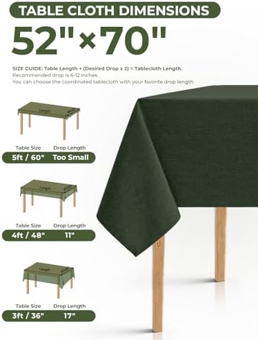 Decorelia Table Cloth for Rectangle Dining Table, Faux Linen Waterproof Texture Farmhouse Washable Rectangular Tablecloth Cover for Birthday, Party, Picnics, Wedding Decor(Dark Green, 52 x70 Inch) - Image 5