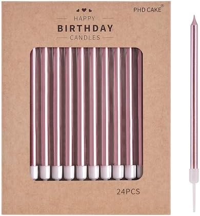 PHD CAKE Rose Gold Long Thin Metallic Birthday Candles, Cake Candles, Birthday Parties, Wedding Decorations, Party Candles by PHDCAKE
