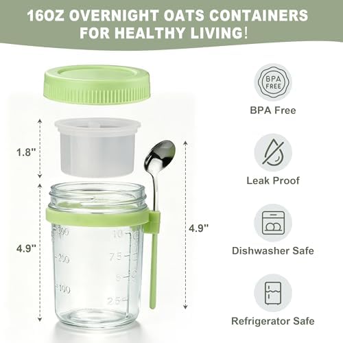 6Pcs Overnight Oats Containers with Lids and Spoons,16oz Glass Meal Prep Jars with Measurement Marks, Leak-Proof Breakfast Food Storage for Yogurt, Cereal, Salad, BPA-Free (6 Colors) - Image 2