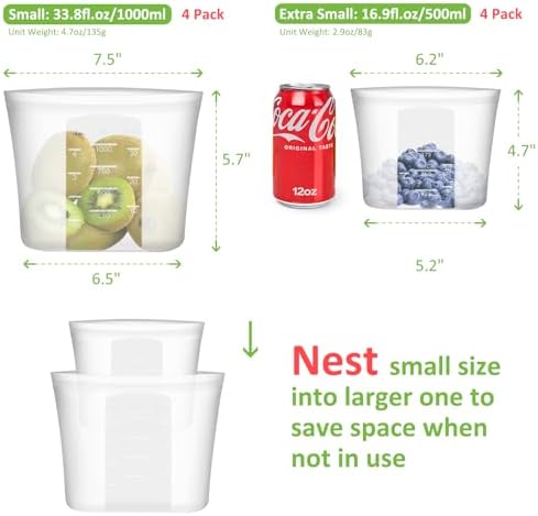 Reusable Sandwich & Snack Bags, 8 Pack 100% Silicone Stand Up Zip Lock Food Storage Bags for Food Container, Freezer Microwave Oven Dishwasher Safe, 4 Small 4 Extra Small, Translucent - Image 3
