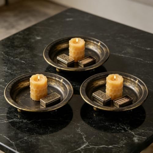 Candle Holder Set of 3 Iron Candle Holder Tray, Retro Round Plate - Image 3